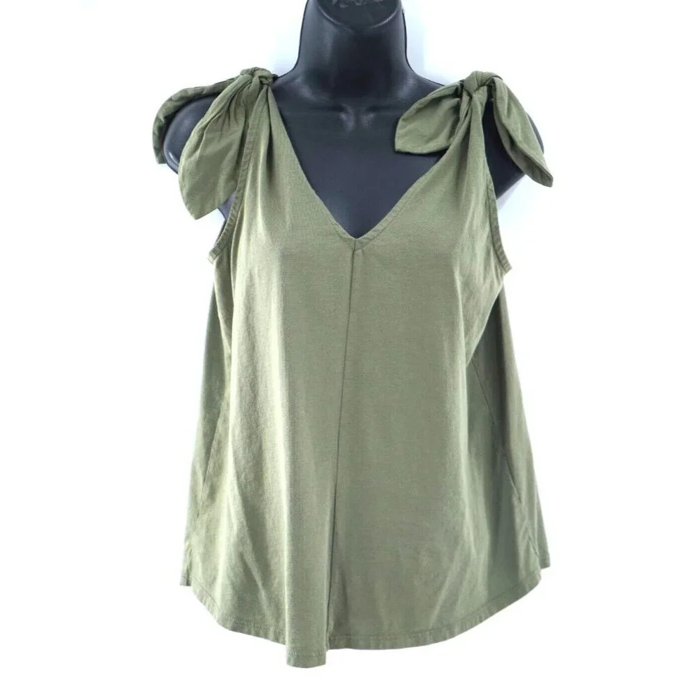 Joie Women Tank Top‎ Medium Olive Green Bow Tie Closure V-Neck Soft Festival